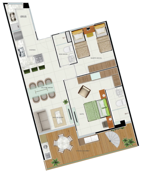 Planta do pavimento principal da cobertura, com sala, cozinha, suíte, quarto social e varanda gourmet