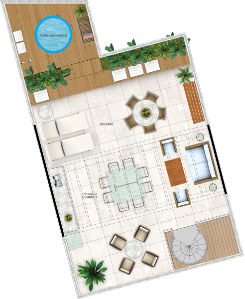 Planta do terraço superior da cobertura, com hidromassagem, solário e pergolado gourmet